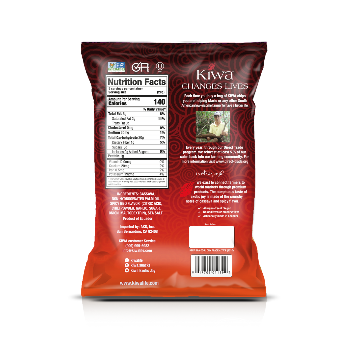KIWA CASSAVA SPICY BBQ CHIPS - PACK 5OZ X 4U