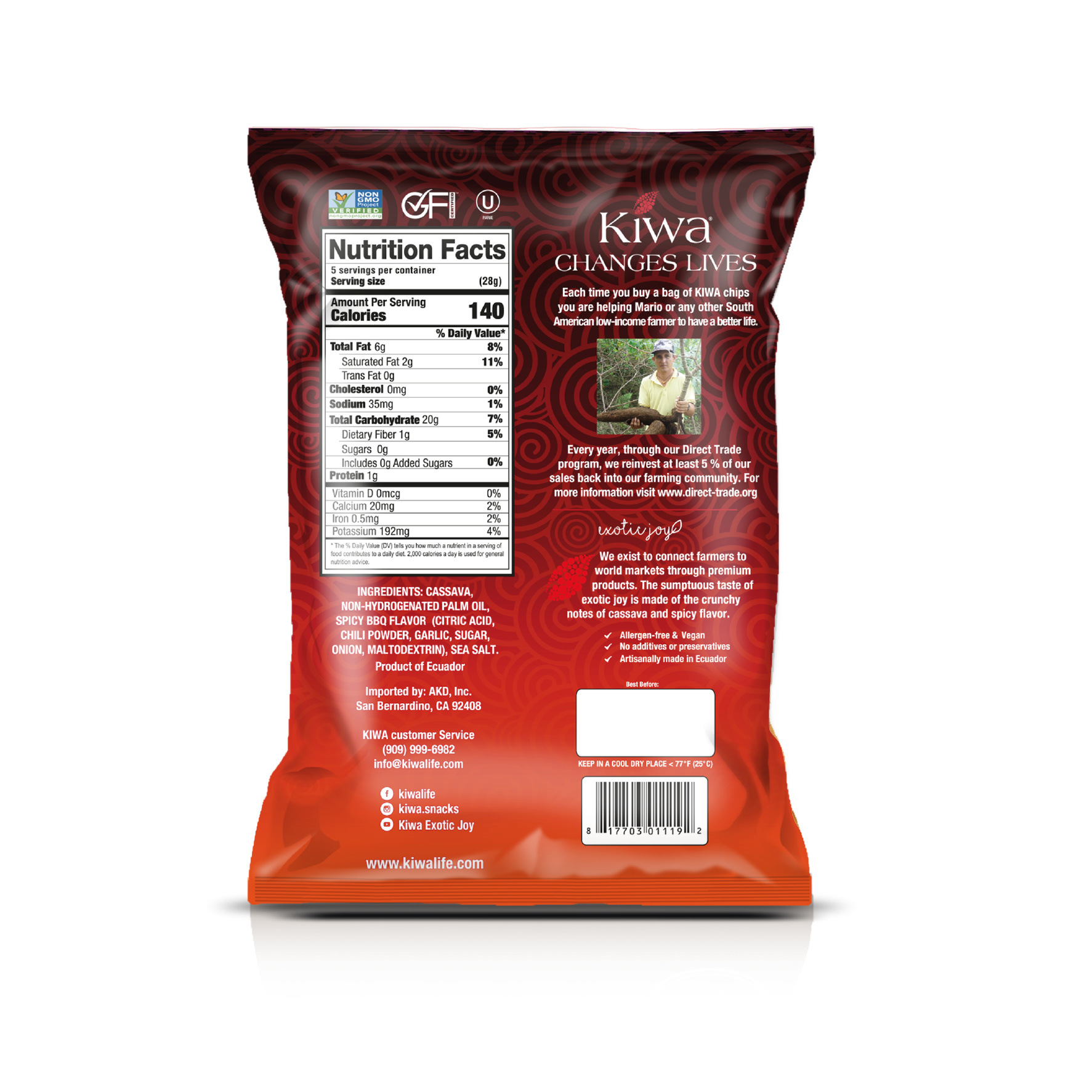 KIWA CASSAVA SPICY BBQ CHIPS - PACK 5OZ X 4U